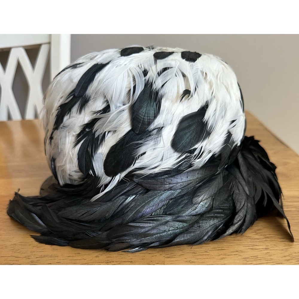 RARE VTG Christian Dior Chapeaux Feather Pillbox Hat Black White Paris New York